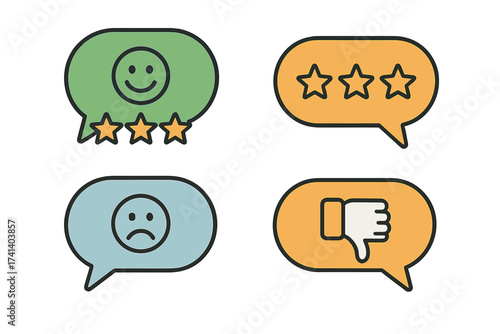 Customer review and feedback icon set. Concept of testimonials, online survey, and rating stars. Positive and negative comments with emoticons and chat bubble speeches vector.