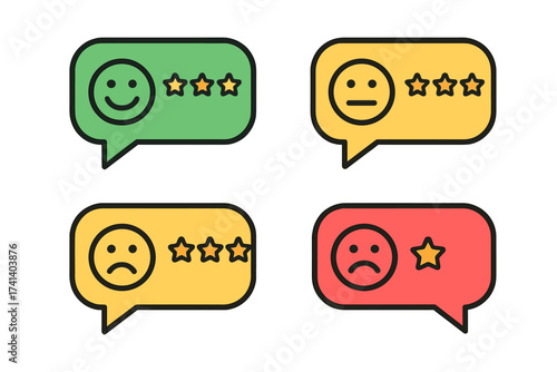 Feedback concept with customer review ratings. Testimonial, online survey, and communication symbols. Positive and negative comments in chat bubbles with star rating evaluation.