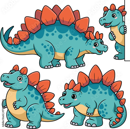 Cartoon stegosaurus dinosaur, cute prehistoric animal, friendly vector character, blue skin, orange plates, children’s illustration, playful pose, educational art