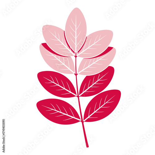 A stylized illustration of a plant branch with layered leaves in shades of pink and red.