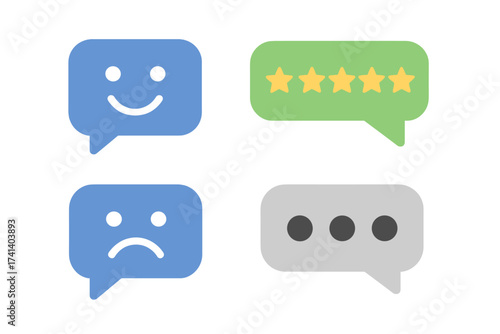 Feedback concept vector. Customer review communication icons. Testimonials and online survey symbols. Rating stars for quality. Positive and negative comments, chat bubble speeches.