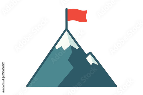Mountain with flag on peak. Success concept. Reaching the top. Goal achievement. Business mission accomplished. Victory and leadership. Overcoming difficulties vector icon.