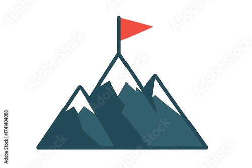 Mountain with red flag on peak. Success, goal achievement, and victory concept. Mission accomplished, reaching the summit. Business leadership, overcoming challenges metaphor.