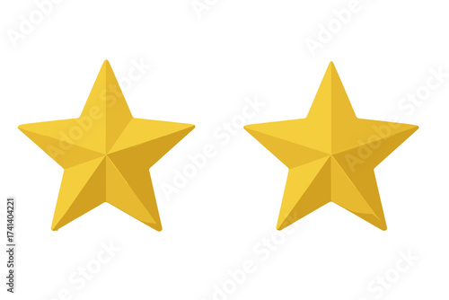 Two gold stars. 3D star icon set for rating and review. Golden quality symbol. Best choice, success, and achievement concept. Winner award, favorite sign vector illustration.