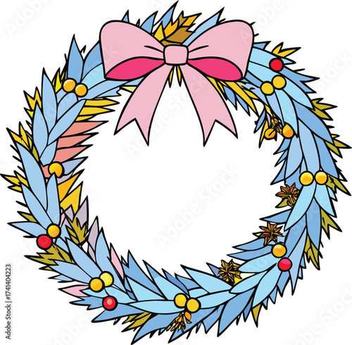 Festive Holiday Wreath with Pink Bow and Colorful Ornament Accents Celebrating Winter Season