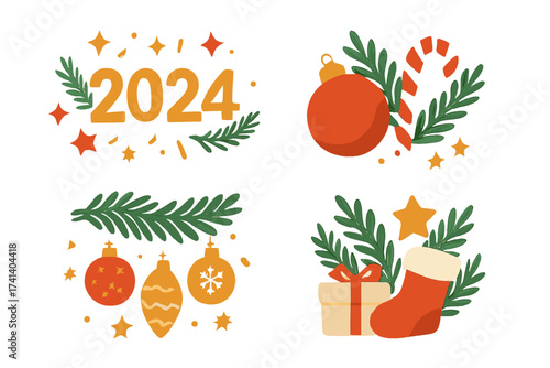Christmas 2024 and New Year vector elements set. Holiday graphic design collection with stocking, gift, bauble, candy cane, star and fir branch. Xmas winter icons.
