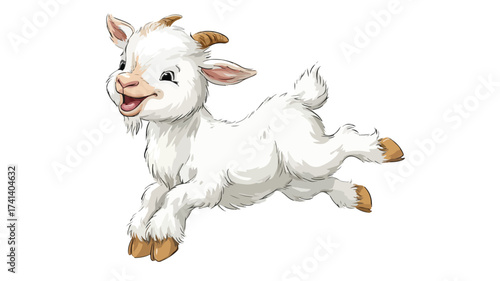 Playful Cartoon Goat Kid Leaping Joyfully in White Background