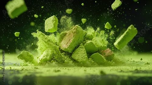   A close-up of a pile of green stuff in the air with its green dust emerging from it