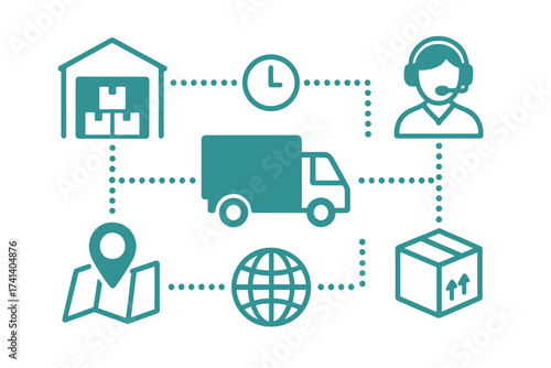 Logistic concept for global distribution, delivery service, and shipping. Freight transport and supply chain management with connected icons. E-commerce fulfillment vector.