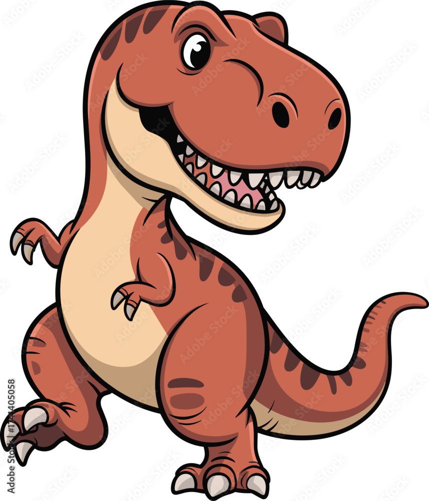 Obraz premium Cheerful cartoon T-Rex dinosaur, charming playful, vector art, child-friendly, prehistoric character, stock illustration design, fun dino drawing, cute monster