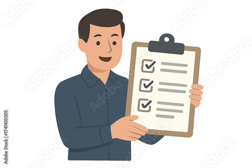Man holding clipboard with checklist. Task completed. Project management concept. Quality control, survey and inspection successful. Approval, verified and done. Vector illustration.