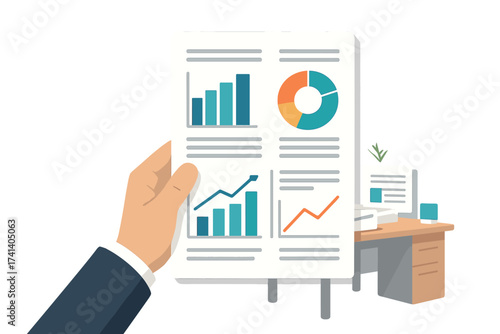 Businessman analyzing financial report. Statistical data visualization with charts and diagrams. Business analytics for market research, company audit and investment strategy.
