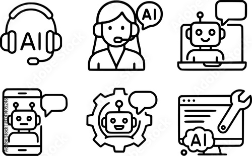 AI powered customer support chatbot icons set with headset agent automation and virtual assistant to
