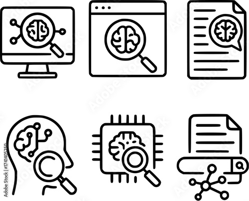 AI powered natural language processing search system vector icons set