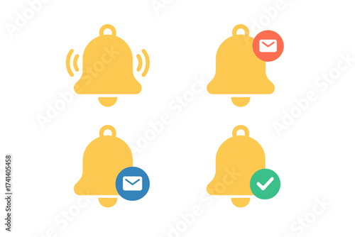 Notification bell vector icon set. Includes ringing alert, new inbox message, and confirmation checkmark. Modern flat design elements for web, app, UI, UX, and social media.