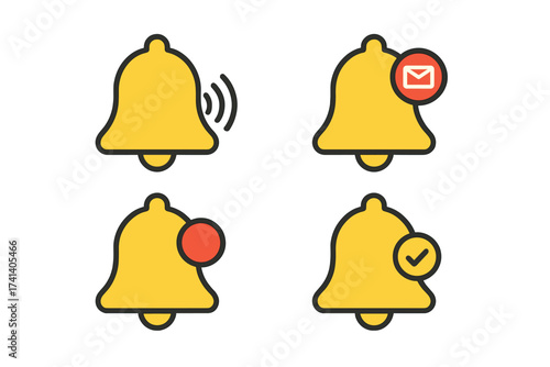 Notification bell vector icon set. Web and mobile app alert symbols. Ringing bell, new inbox message, subscription reminder, and checkmark. Flat design graphic element.