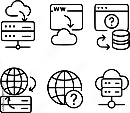 DNS routing and name resolution vector icons collection for network infrastructure