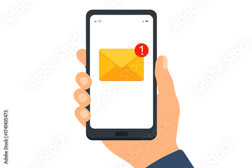 New email notification on mobile phone screen. Hand holding smartphone with unread message alert from mail app. Business communication concept. Vector inbox illustration.