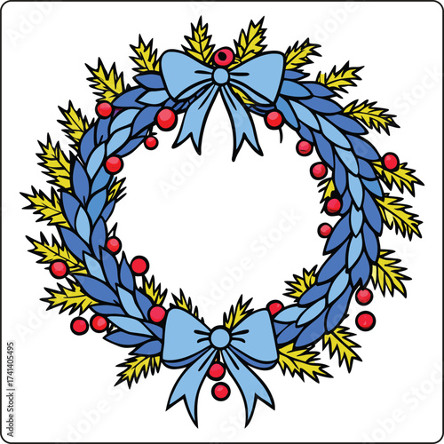 Festive Holiday Wreath Adorned with Blue Leaves, Delicate Ribbons, and Sparkling Red Berries Bringing Christmas Cheer