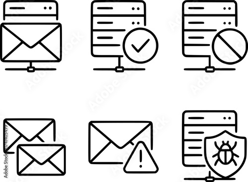 Email servers and spam filtering icons vector set