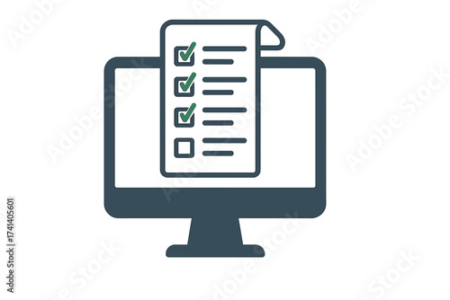 Online form survey on a computer monitor. Digital questionnaire, long quiz or exam paper sheet icon. Internet test with checklist for customer feedback or poll results. Vector.