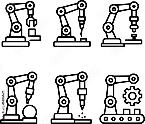 Industrial robotic arm automation vector icons set