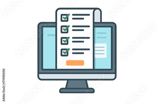 Online form survey on computer screen. Long quiz, exam paper, or test document icon. Digital questionnaire results, checklist, and feedback form. Internet customer satisfaction.