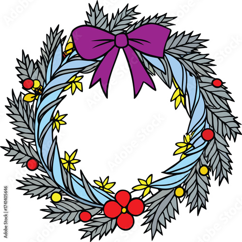 Festive Holiday Wreath Adorned with Purple Bow, Red Berries, and Yellow Flowers, Exuding Seasonal Charm and Decorative Elegance