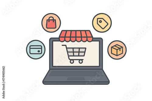 E-commerce online shopping concept with laptop as digital storefront. Vector icons for bag, payment, price tag, and delivery box. Flat illustration for web store, retail business.