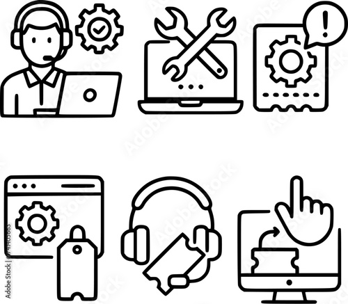 IT support workflow and ticketing system icons set