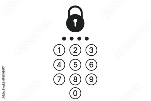 Passcode lock interface for lock screen, login page, or password entry. Vector illustration of phone ID recognition, screenlock with numbers keypad, secure pin code display.