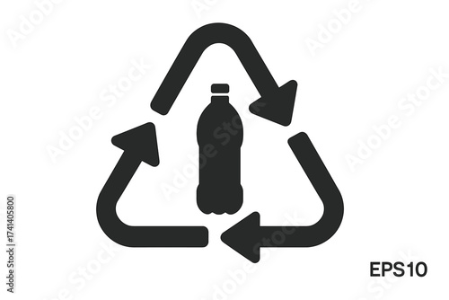 Plastic bottle recycling symbol icon. Vector for eco friendly, sustainable packaging and environment conservation. Reuse, reduce, recycle concept. Waste management sign graphic.