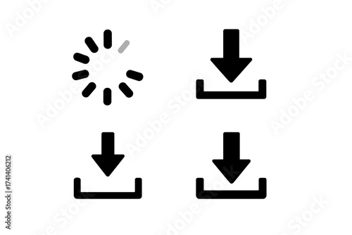 Loading spinner and download icons set, simple web symbols for digital interface, vector collection with transparent background, minimalistic design for user experience