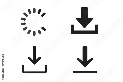 Set of simple web loading and download icons, loading spinner and download arrows, vector illustration with transparent background, ordered minimalist digital symbols for user interface design