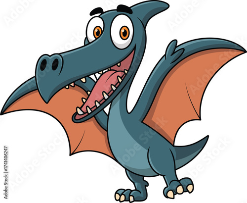 Joyful cartoon Pterodactyl cheerful flying dino, vector illustration, child-friendly prehistoric, playful character, stock image design, cute dinosaur art, friendly