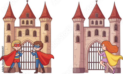 Cartoon superheroes in front of medieval castles, superhero boy with red cape, superhero girl with yellow cape, fantasy comic action illustration