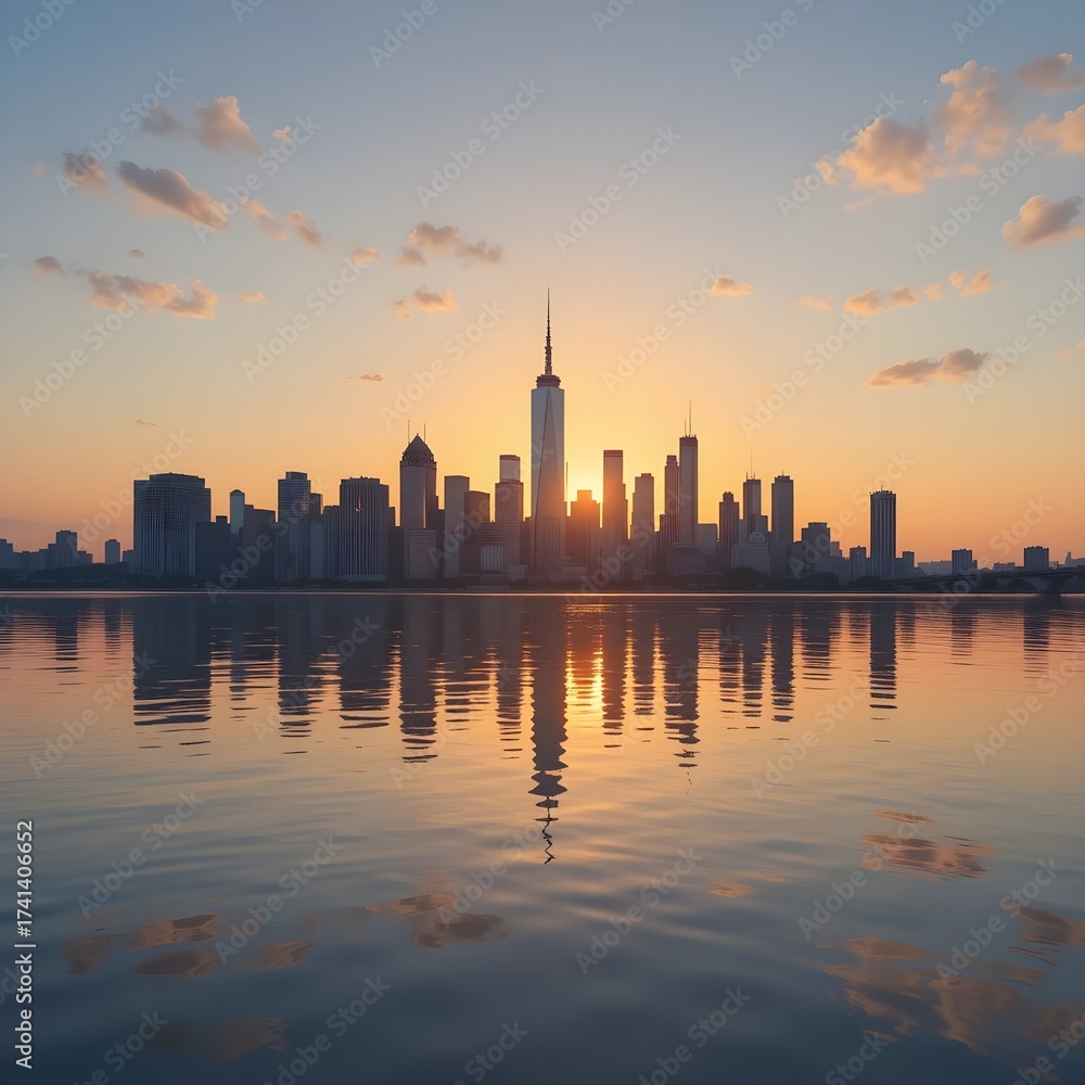 Fototapeta premium City skyline at sunrise, reflected in water