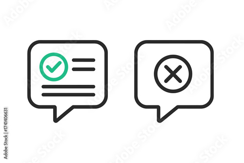 Speech bubble thumbs up and thumbs down icons with check mark and cross symbols, modern flat design concept for do’s and don’ts, evaluation checklist, acceptance and rejection signs
