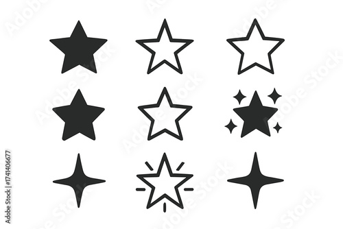 Star icon set vector illustration with solid and outline stars, sparkling effect symbols, signs and symbols collection, transparent background, versatile star shapes for design