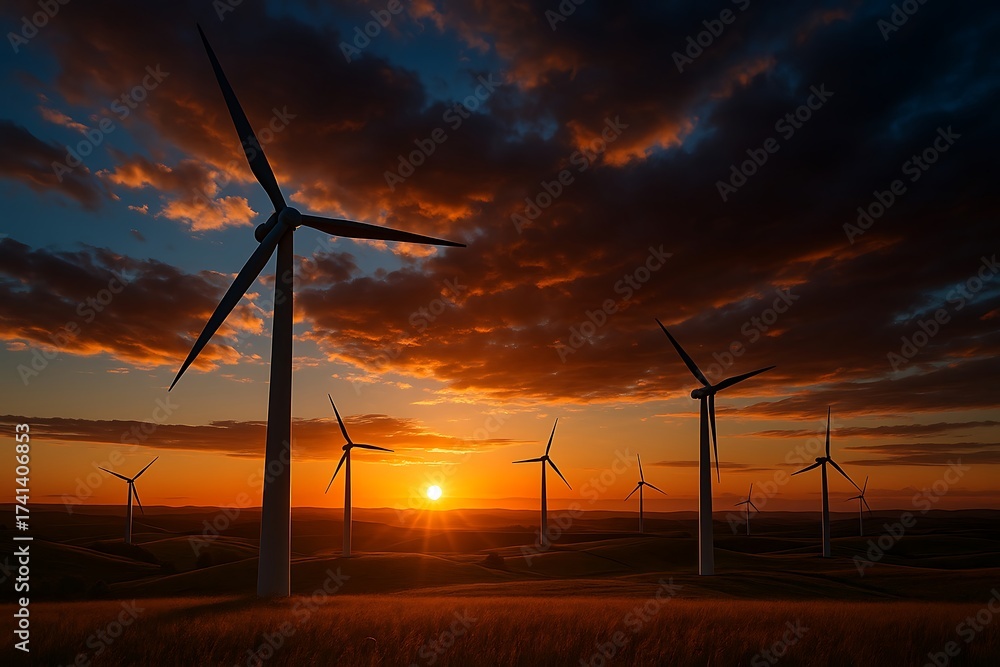 Fototapeta premium Wind Turbines at Sunset with Dramatic Clouds and Golden Light forest