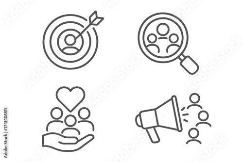 Target Market Concept Icons with Audience Focus, Crowdsourcing, Crowdfunding, Public Relations, Group People, Communication and Marketing Vector Line Illustration