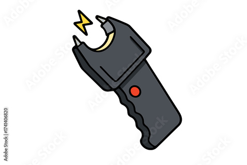 Cartoon style taser icon with electric shock sparks, police stun gun vector illustration, isolated on white background, transparent police symbol, law enforcement weapon design