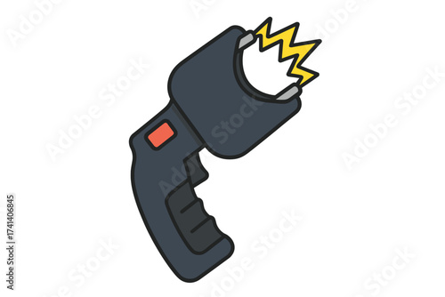 Taser stun gun cartoon icon isolated on white background. Police self-defense weapon vector illustration with electric shock effect, law enforcement security, non-lethal weapon concept