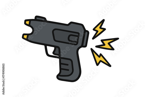 Taser gun icon in cartoon style with electric shock effect, police stun weapon vector illustration isolated on white background, safety and security symbol design