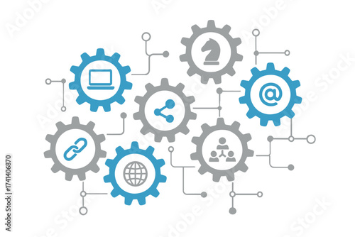 Technology concept with integrated gears and digital icons for internet, network, communication, social media, strategy, connection, and global digital interaction