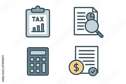 Tax payment concept with data analysis, financial research report, tax return calculation, debt payment, calculator, magnifying glass inspection, paperwork for business finance and accounting