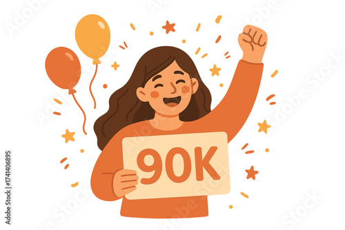 Thank You 90K Followers Celebration Card, Happy Blogger with Raised Fist, Social Media Milestone, Congratulations on Many Subscribers, Festive Balloons and Stars