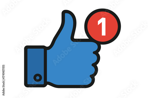 Thumbs up like icon with new notification badge, social media engagement symbol, digital appreciation vector illustration, transparent background, online network interaction