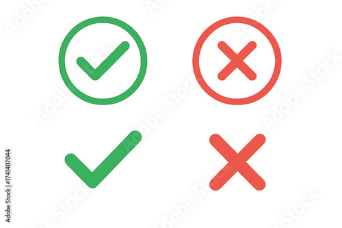 Stylish tick and cross icon set in green and red colors, check marks and cancel symbols, flat design vector illustration with transparent background for UI design, approval and rejection signs