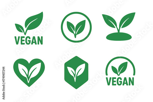 Vegan logos collection set, organic bio vegan signs, raw healthy food badges and tags for cafes, restaurants, product packaging, green leaf vegan icons vector